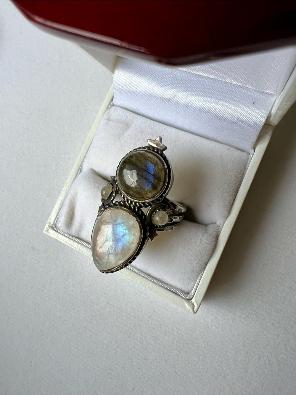 Sterling Silver Moonstone Labradorite Ring Blue Flash Celestial Stars Sz 8
